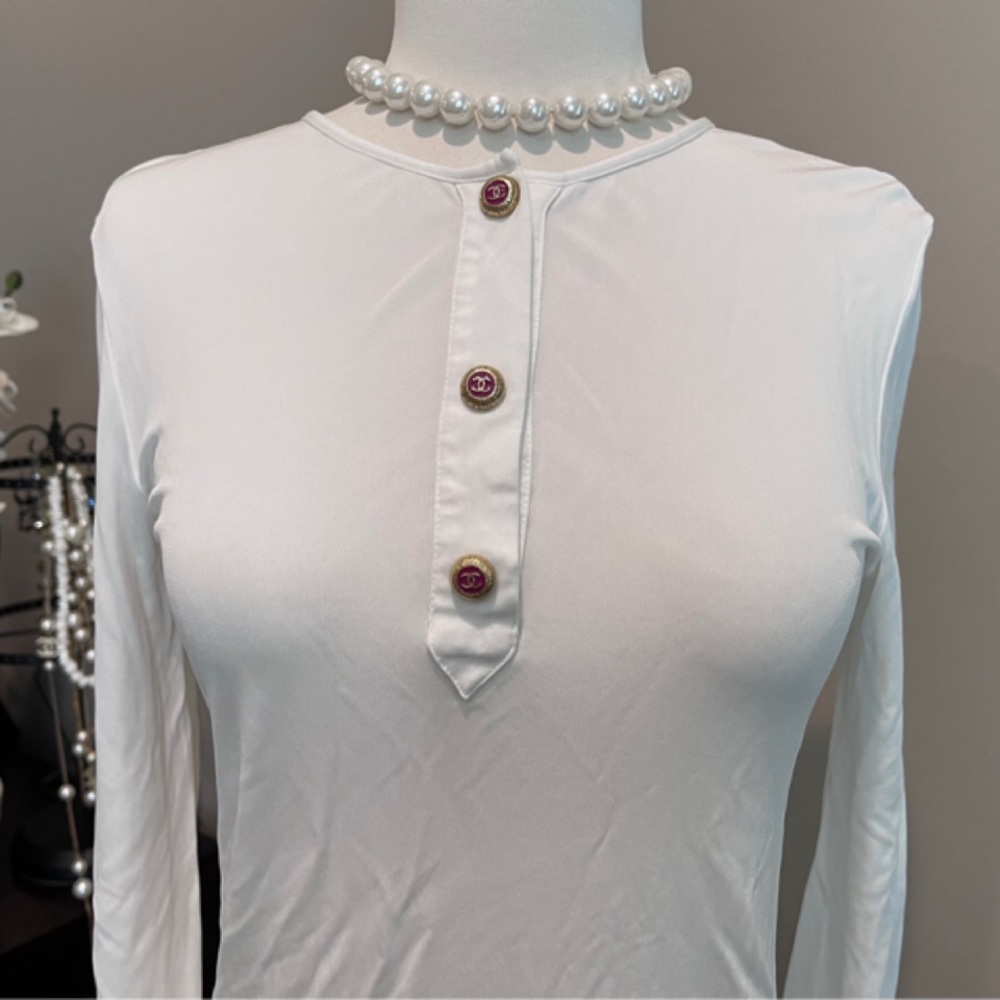 Chanel Cc Logo Button White Jersey Blouse Top Shi… - image 2